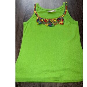 Arsenic Green Boho Embroidered Scoop Neck Tank Top Size Medium